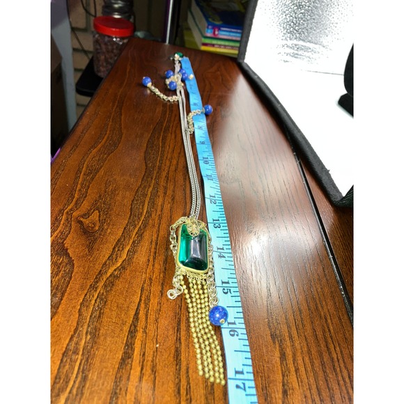 Hearts Charms Green Rectangle Glass Pendant Blue Sodalite Beads Chain Necklace! - Picture 7 of 8